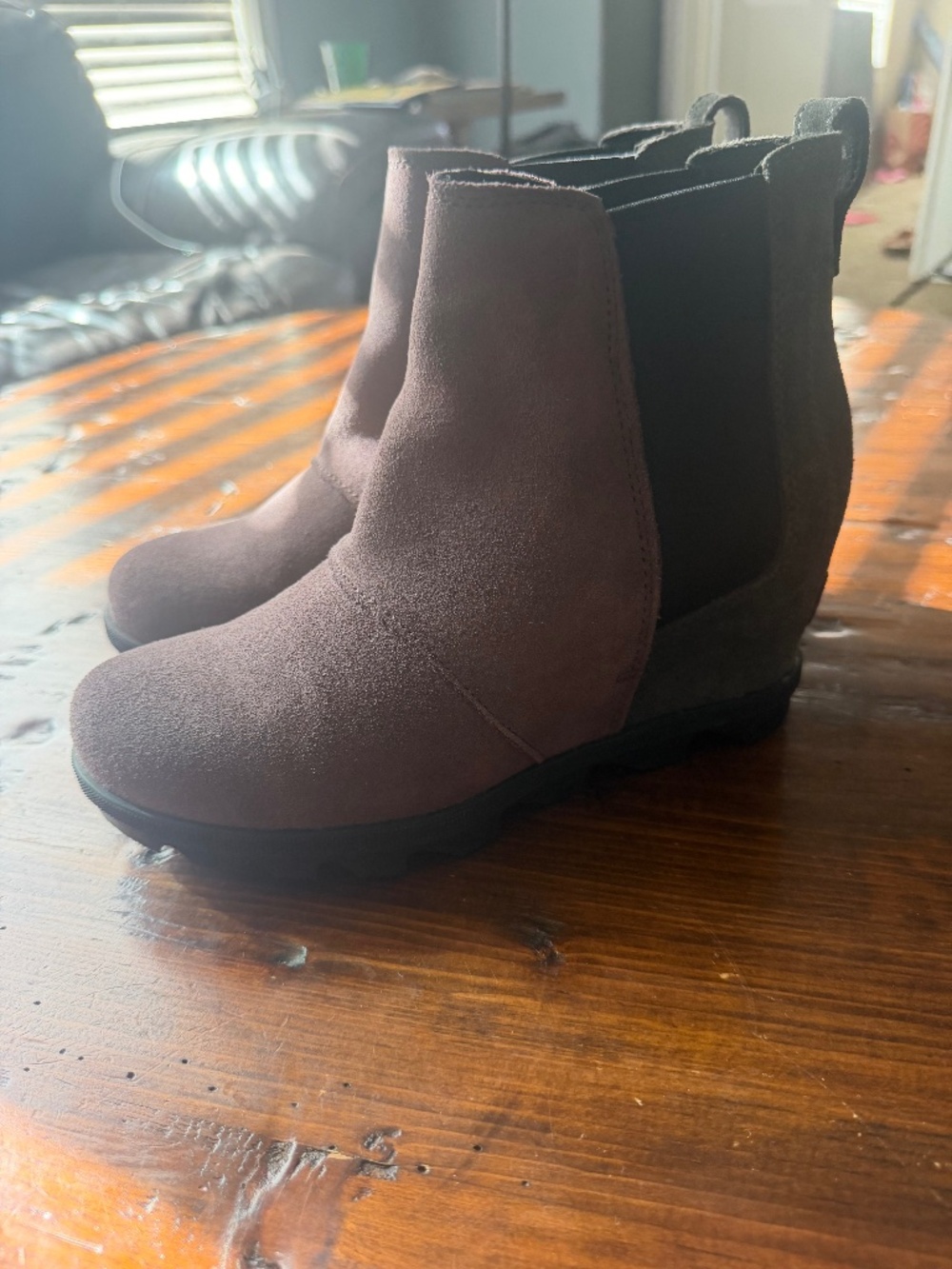 Sorel Joan of Arctic wedge booties, two tone in purple and gray size 7 1/2